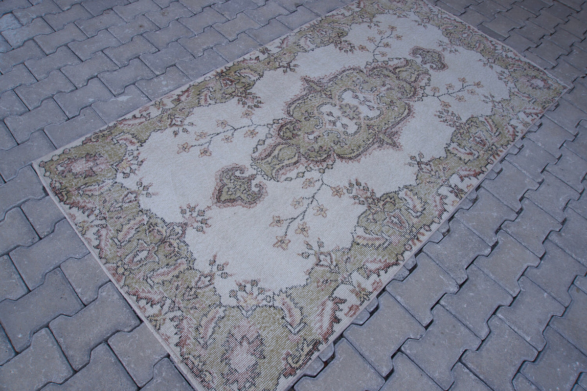 Vintage Turkish Oushak Rug 4x7: Handwoven Wool & Cotton