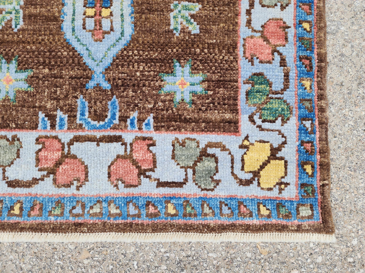 Handwoven 3x5 Oushak Rug: Turkish Wool, Brown & Blue Floral