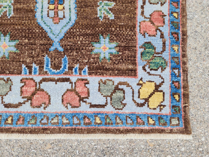 Handwoven 3x5 Oushak Rug: Turkish Wool, Brown & Blue Floral