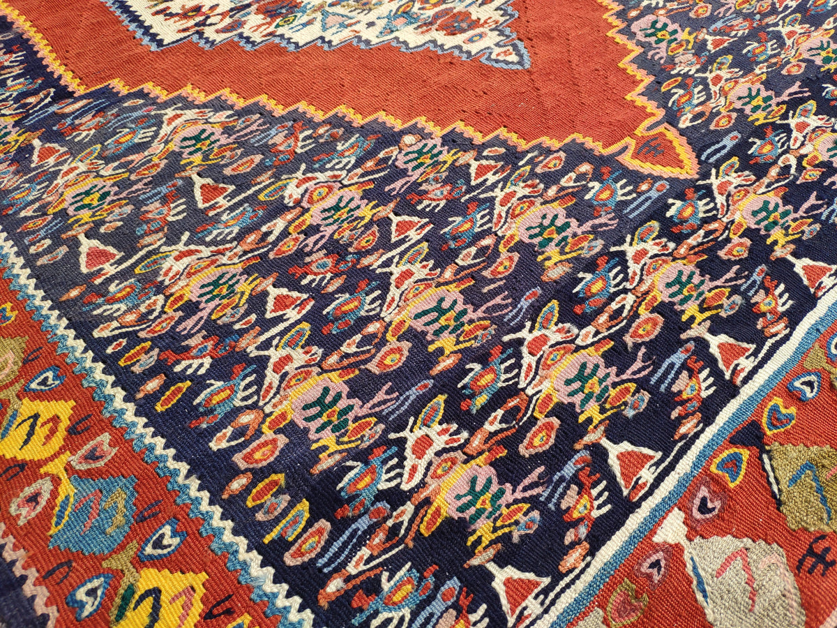 Antique Kilim Rug 4x6: Navy Blue Medallion, Oriental Style