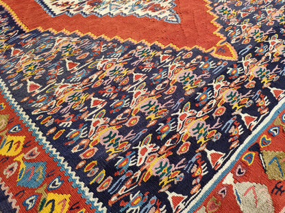 Antique Kilim Rug 4x6: Navy Blue Medallion, Oriental Style