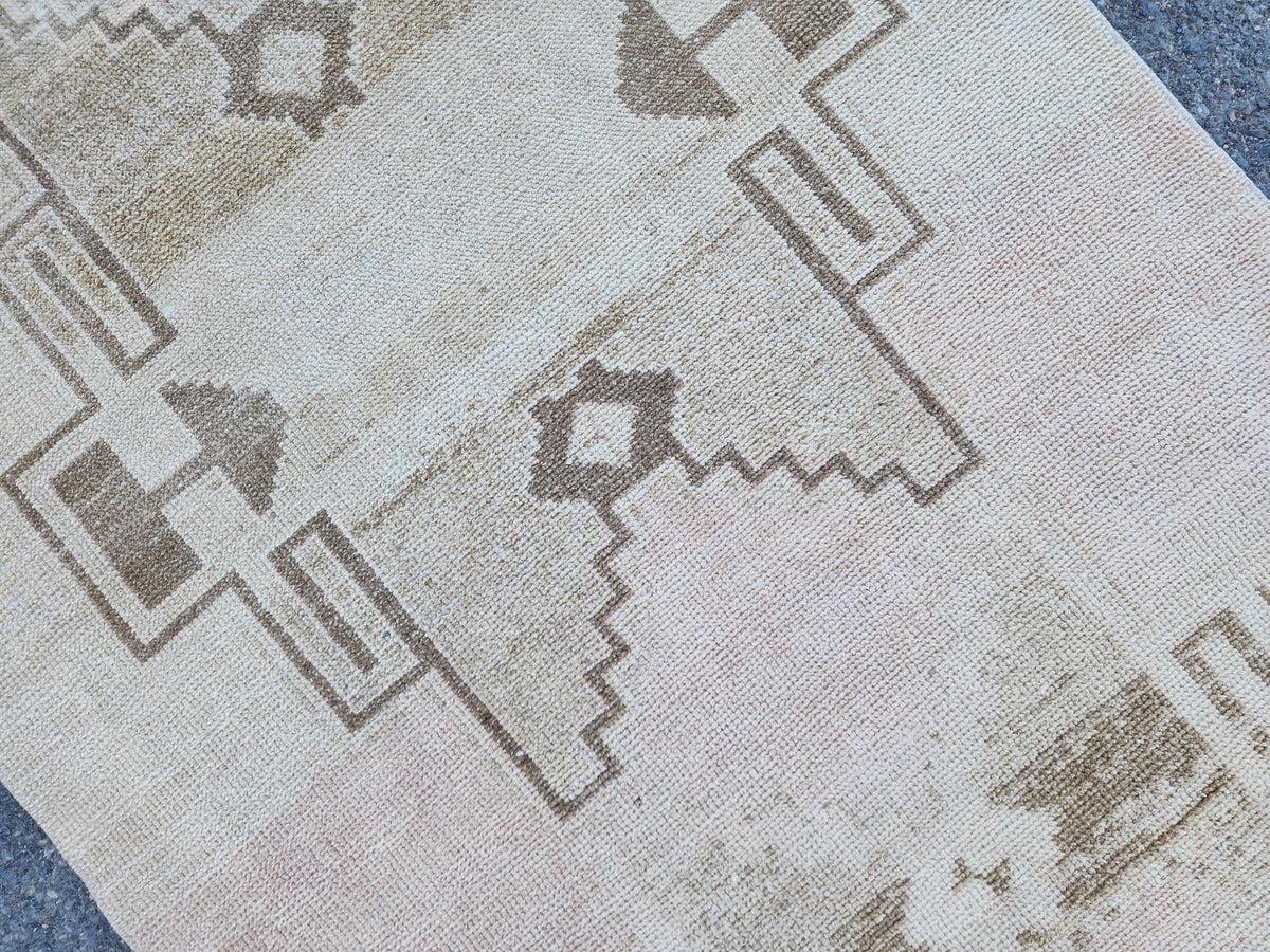3x14 Neutral Long Runner Rug, Turkish Malatya Hand Made Wool, Beige Geometric Design