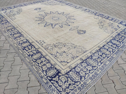 10x13 Handwoven Turkish Oushak Rug, Blue Wool Area Rug, Neutral Oversize Home Decor