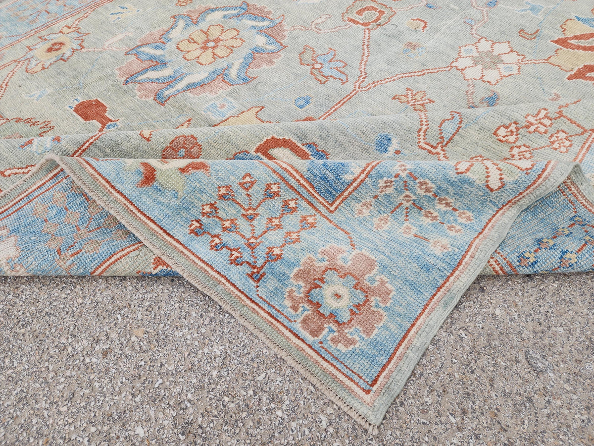 8x10 Oushak Rug, Handwoven Turkish Wool, Light Blue Terracotta Floral, Living Room Decor