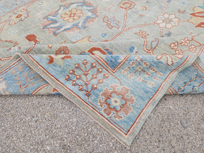 8x10 Oushak Rug, Handwoven Turkish Wool, Light Blue Terracotta Floral, Living Room Decor