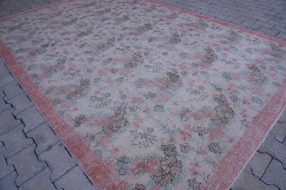 7x10 Neutral Rug, Hand Woven Beige and Faded Red Wool, Living Room Decor