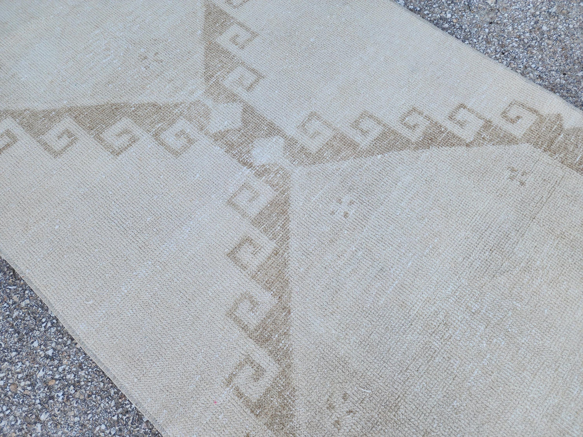 3x14 Neutral Hand-Knotted Turkish Runner Rug, Wool Hallway & Entryway Rug, Rustic Decor