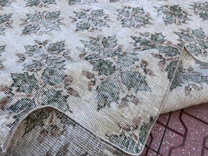 Handwoven Turkish Oushak Rug: 4x7 Green Wool Entryway Rug