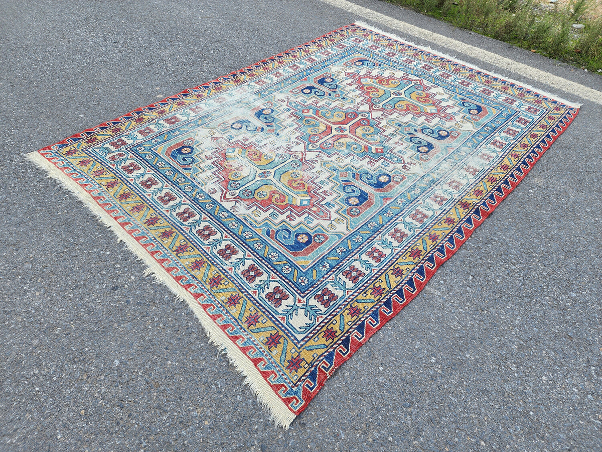 5x8 Antique Soumak Rug, Handwoven Wool Bohemian Eclectic Area Rug, Neutral Accent Decor