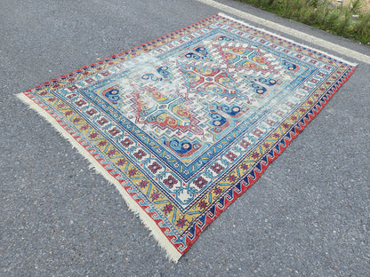 5x8 Antique Soumak Rug, Handwoven Wool Bohemian Eclectic Area Rug, Neutral Accent Decor