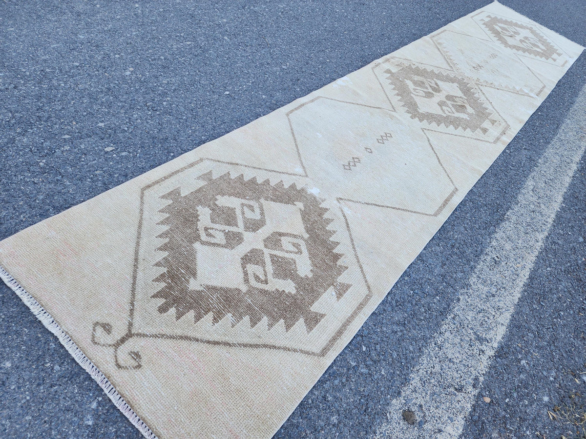Geometric Neutral Rug 3x14, Beige Wool Hand Woven Rustic Decor, Gift for Her