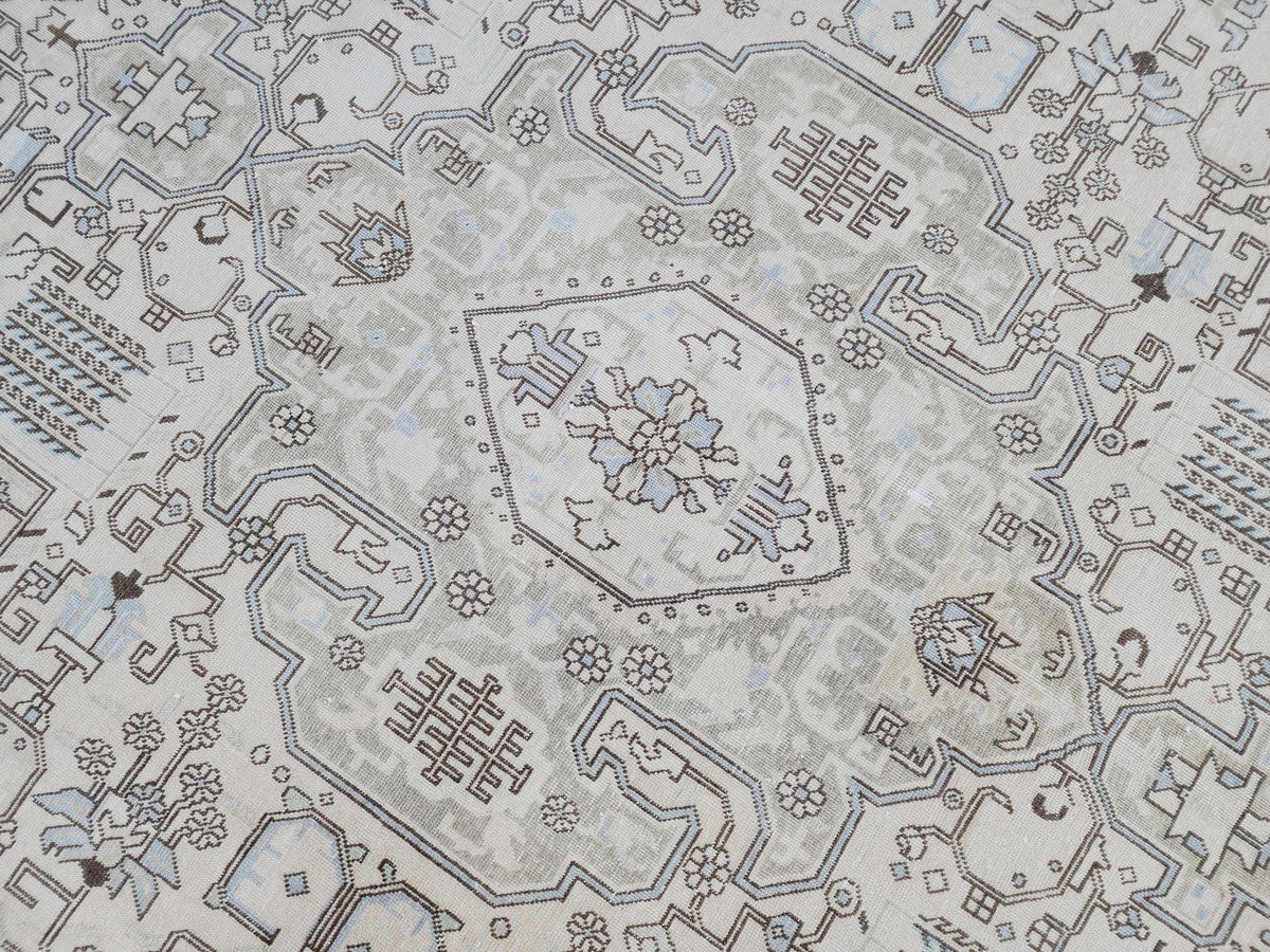 Vintage 9x13 Neutral Oriental Rug: Hand Woven Wool Cotton Area Rug, Geometric Pattern Carpet