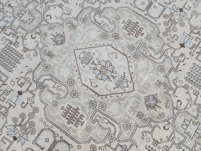 Vintage 9x13 Neutral Oriental Rug: Hand Woven Wool Cotton Area Rug, Geometric Pattern Carpet