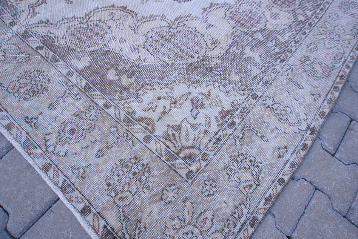 7x10 Neutral Area Rug, Bohemian Home Decor, Oriental Wool Beige and Green Carpet