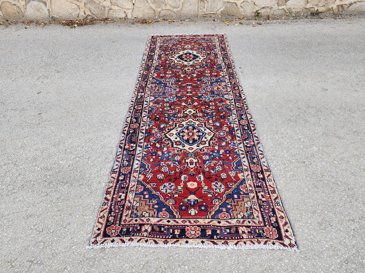 Antique Wool Runner Rug 3x9: Handcrafted Red Ann Blue Color, Farmhouse Decor