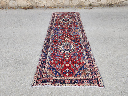 Antique Wool Runner Rug 3x9: Handcrafted Red Ann Blue Color, Farmhouse Decor