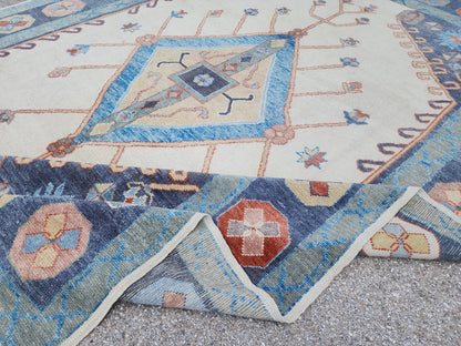 Handwoven Oushak Rug 10x14: Beige & Blue Turkish Wool Rug, Farmhouse Home Decor