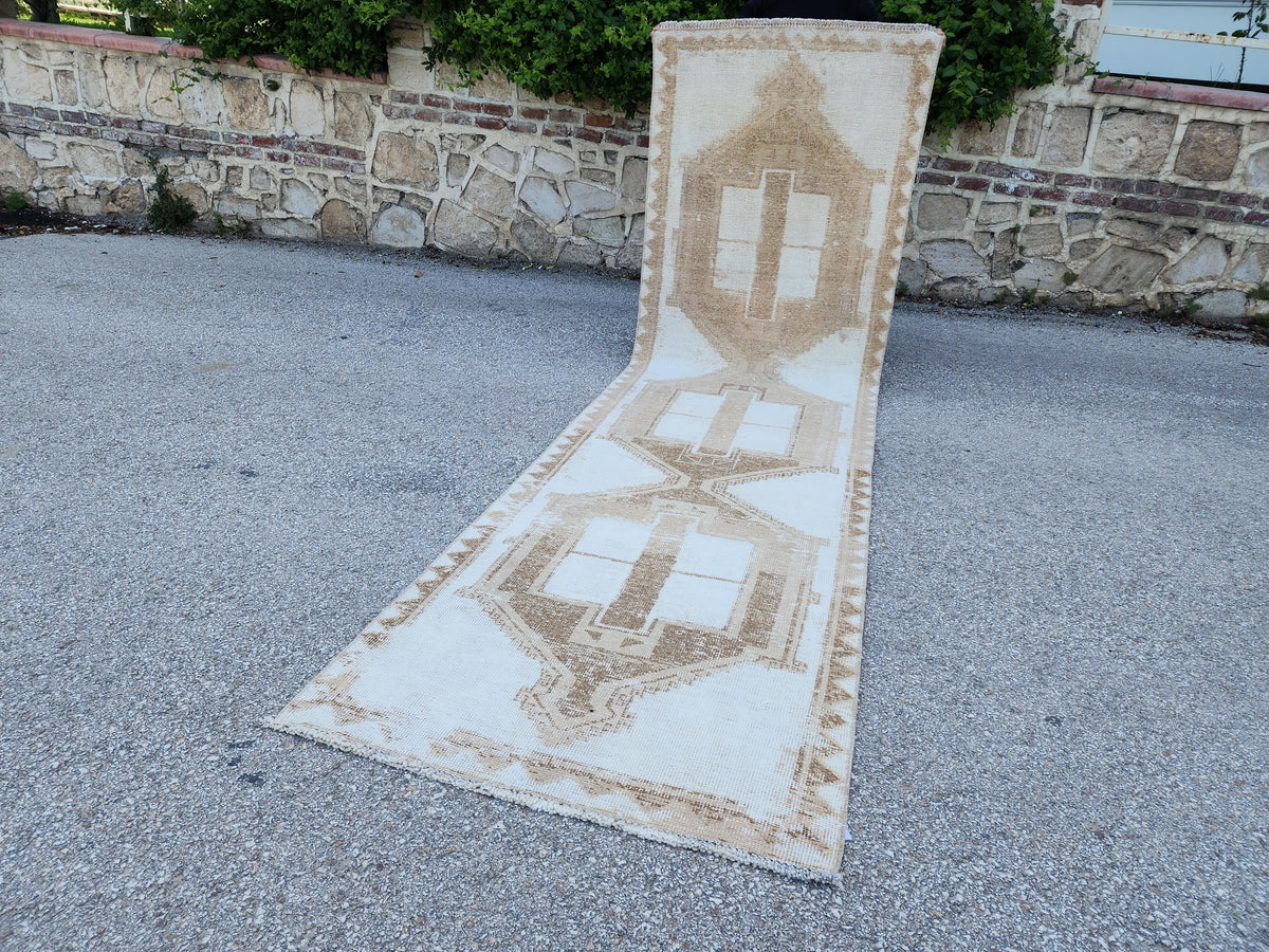3x12 Neutral Runner Rug, Geometric Turkish Hand Made Design, Beige and White