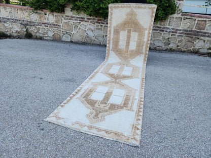3x12 Neutral Runner Rug, Geometric Turkish Hand Made Design, Beige and White