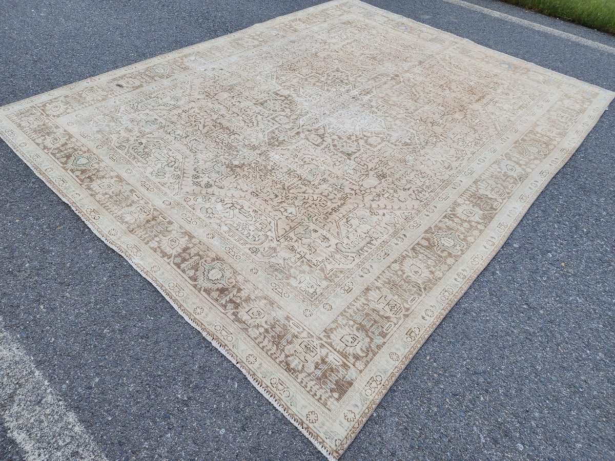 Heriz Neutral Rug 9x12, Hand Knotted Beige And Brown Wool, Living Room Rustic Decor