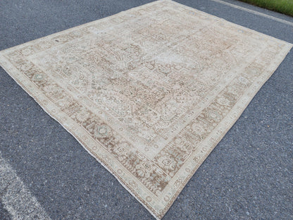 Heriz Neutral Rug 9x12, Hand Knotted Beige And Brown Wool, Living Room Rustic Decor
