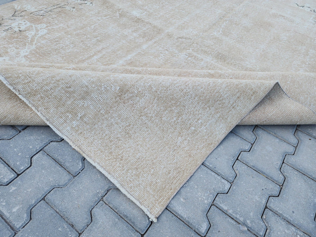 7x10 Vintage Oushak Rug: Neutral Beige Turkish Hand-Knotted Rug