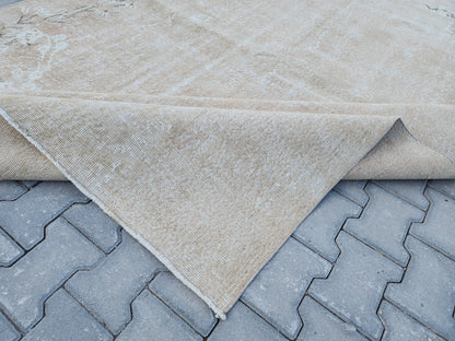 7x10 Vintage Oushak Rug: Neutral Beige Turkish Hand-Knotted Rug