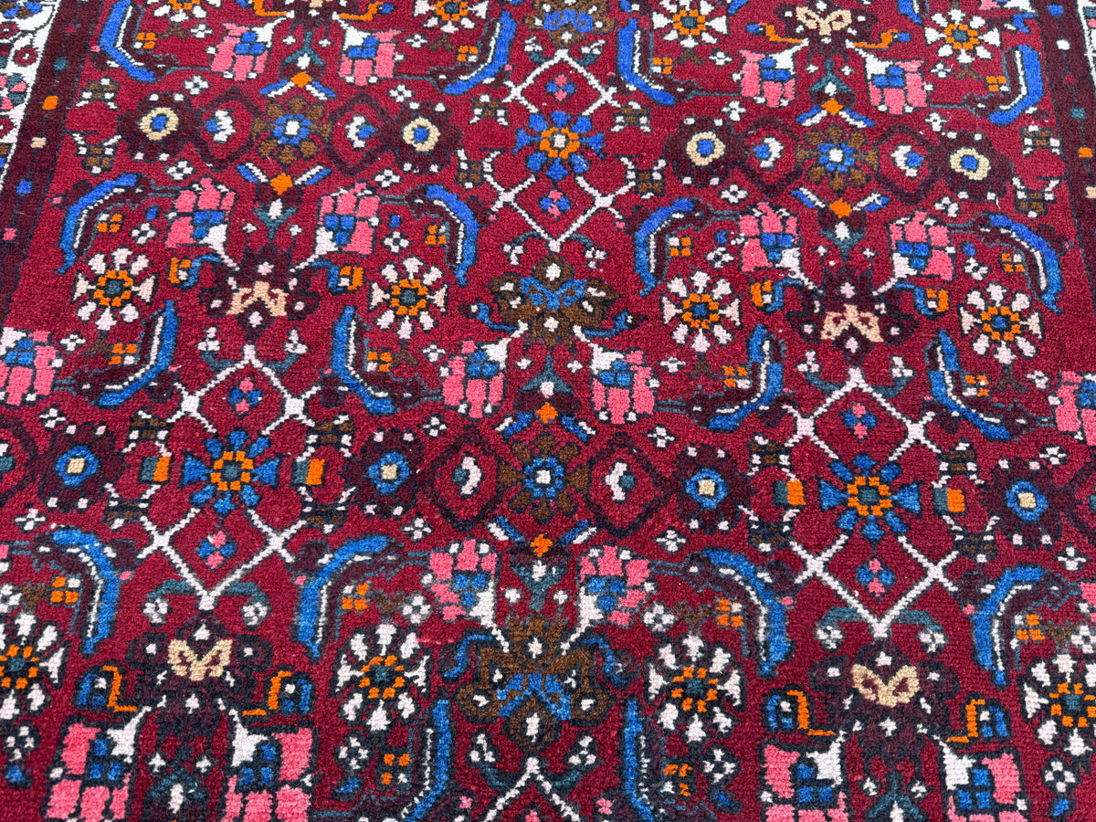 4x9 Oriental Runner Rug: Handwoven Red Wool Hallway with Vintage Floral & Geometric Pattern