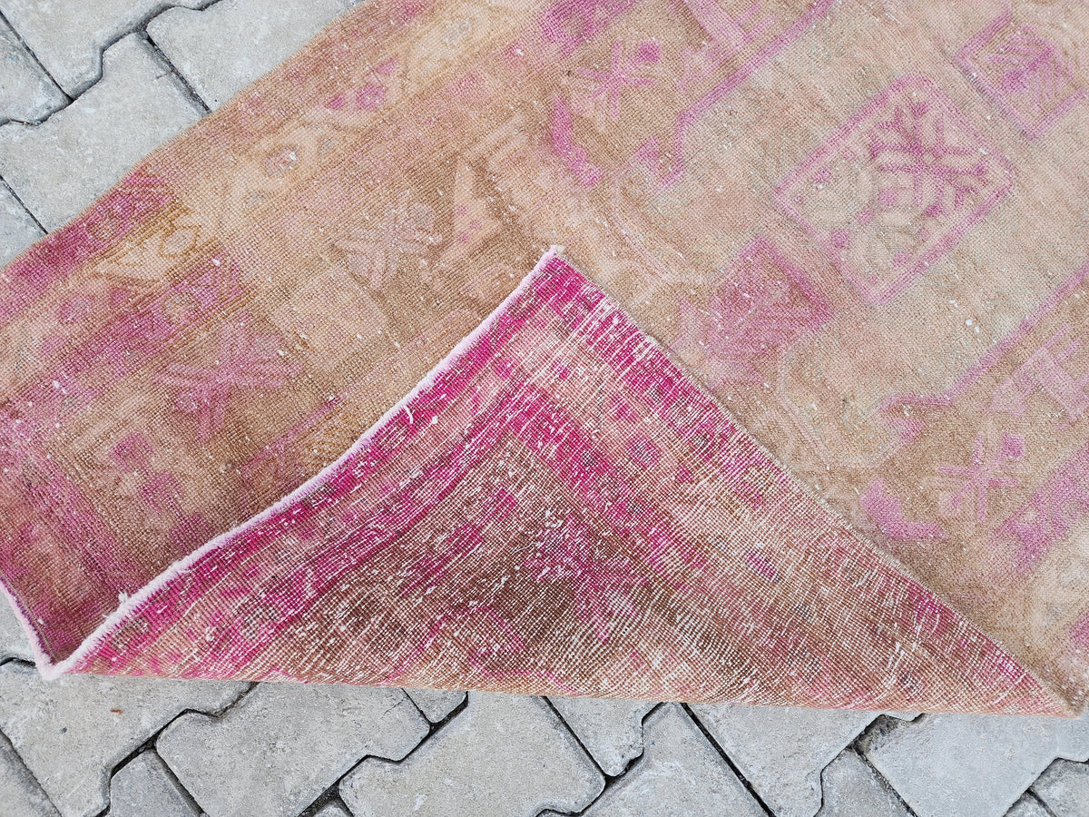 3x11 Pink Wool Turkish Runner Rug: Hand Knotted Bohemian Hallway Decor