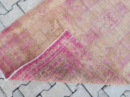 3x11 Pink Wool Turkish Runner Rug: Hand Knotted Bohemian Hallway Decor