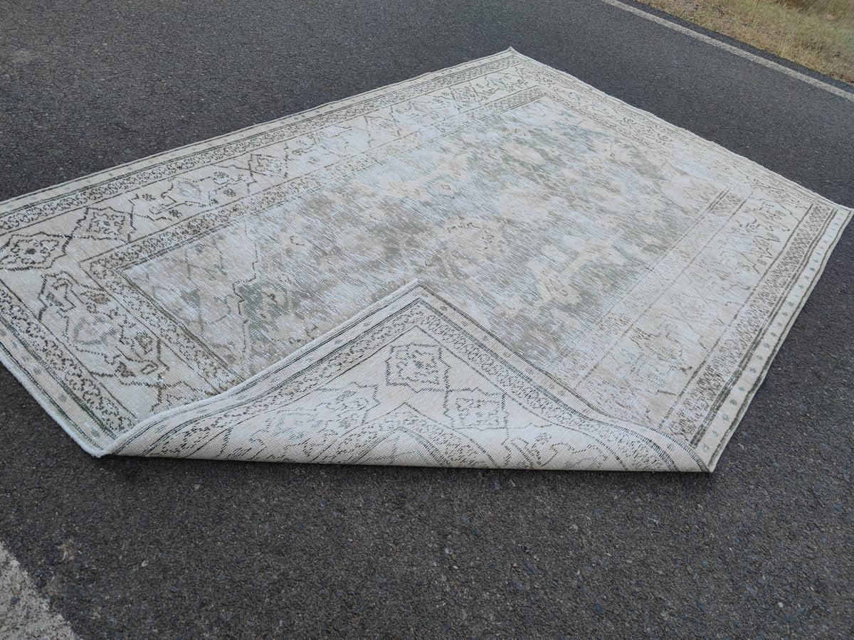 6x10 Hand Knotted Wool Rug: Neutral Green Mid-Century Decor