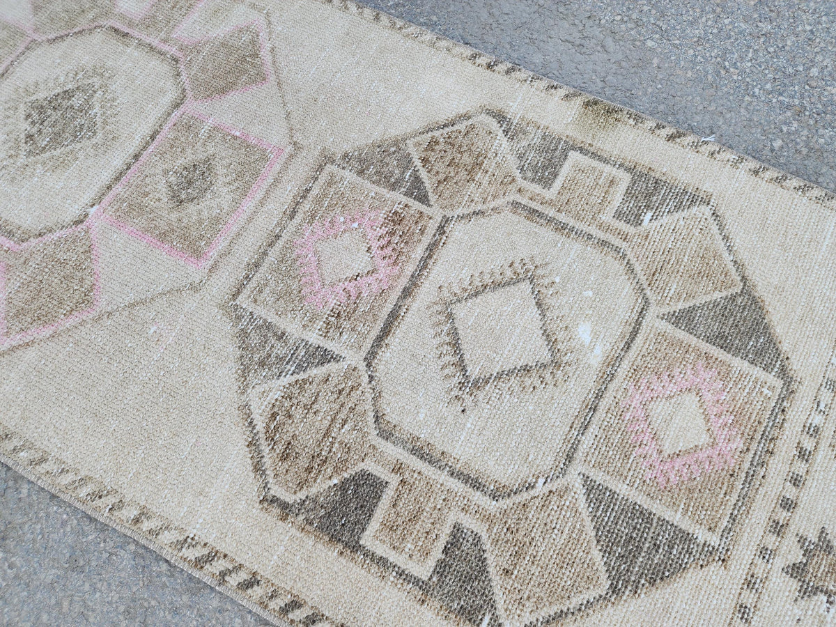 Neutral 3x12 Runner Rug, Turkish Hand Knotted Beige Wool Carpet, Hallway Boho Decor