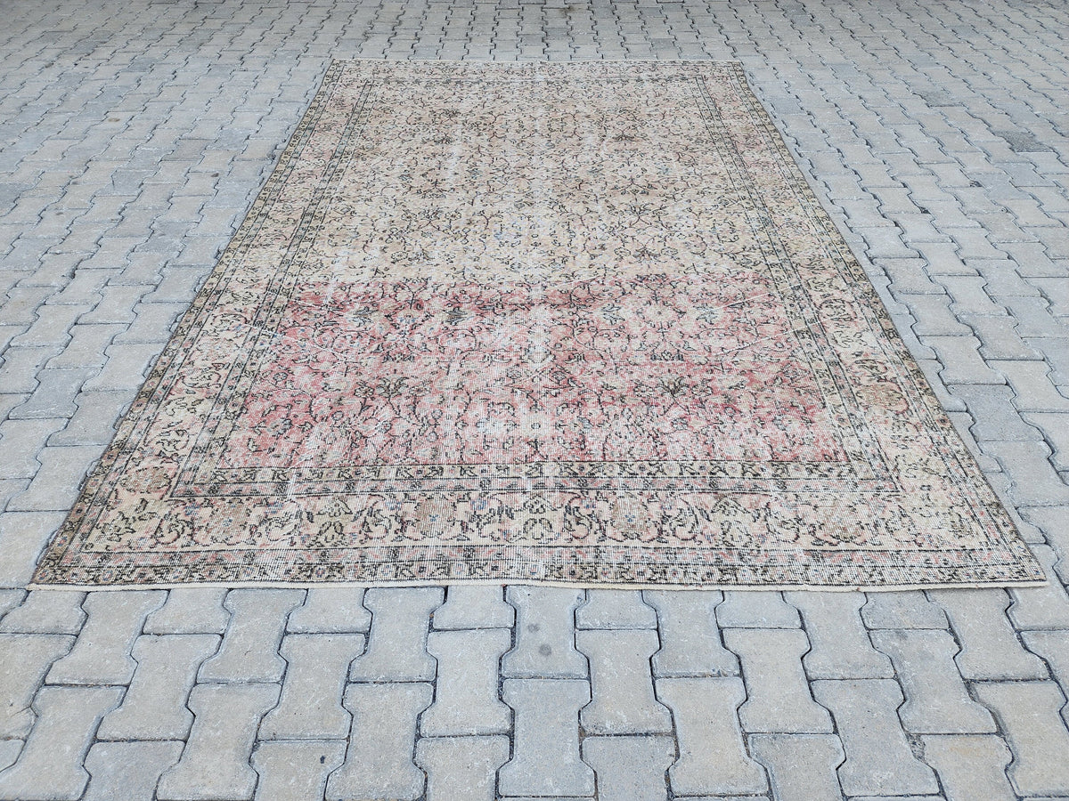 7x10 Vintage Turkish Rug: Beige and Pink Oriental Oushak Rug