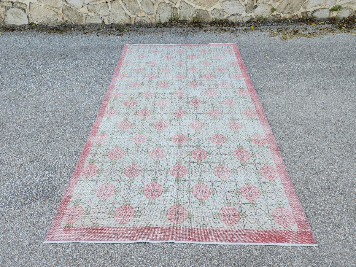 5x9 Vintage Area Rug, Turkish Wool Hand Knotted, Faded Red And Green Carpet