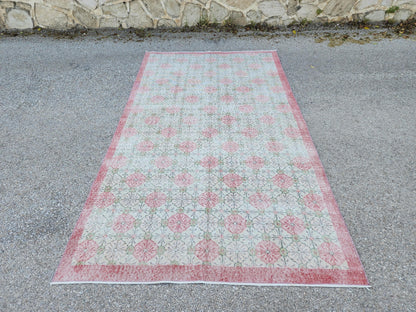 5x9 Vintage Area Rug, Turkish Wool Hand Knotted, Faded Red And Green Carpet