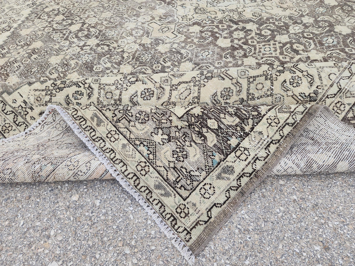 9x12 Traditional Vintage Rug: Geometric Brown Wool Design, Hand Knotted