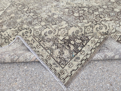 9x12 Traditional Vintage Rug: Geometric Brown Wool Design, Hand Knotted