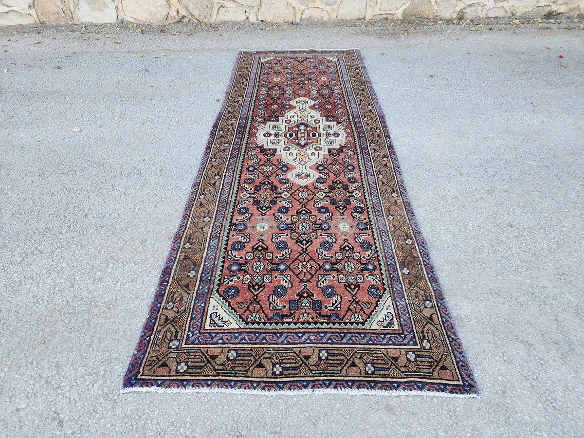 Antique Rustic Runner Rug 3x9: Hand Knotted, Persian Medallion Design