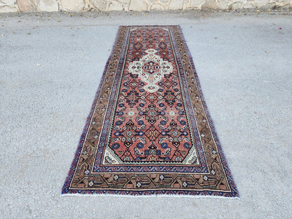 Antique Rustic Runner Rug 3x9: Hand Knotted, Persian Medallion Design