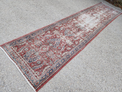 Antique Runner Rug 3x11.5 ft, Turkish Oushak Wool Carpet Faded Red Rug For Living Room Decor