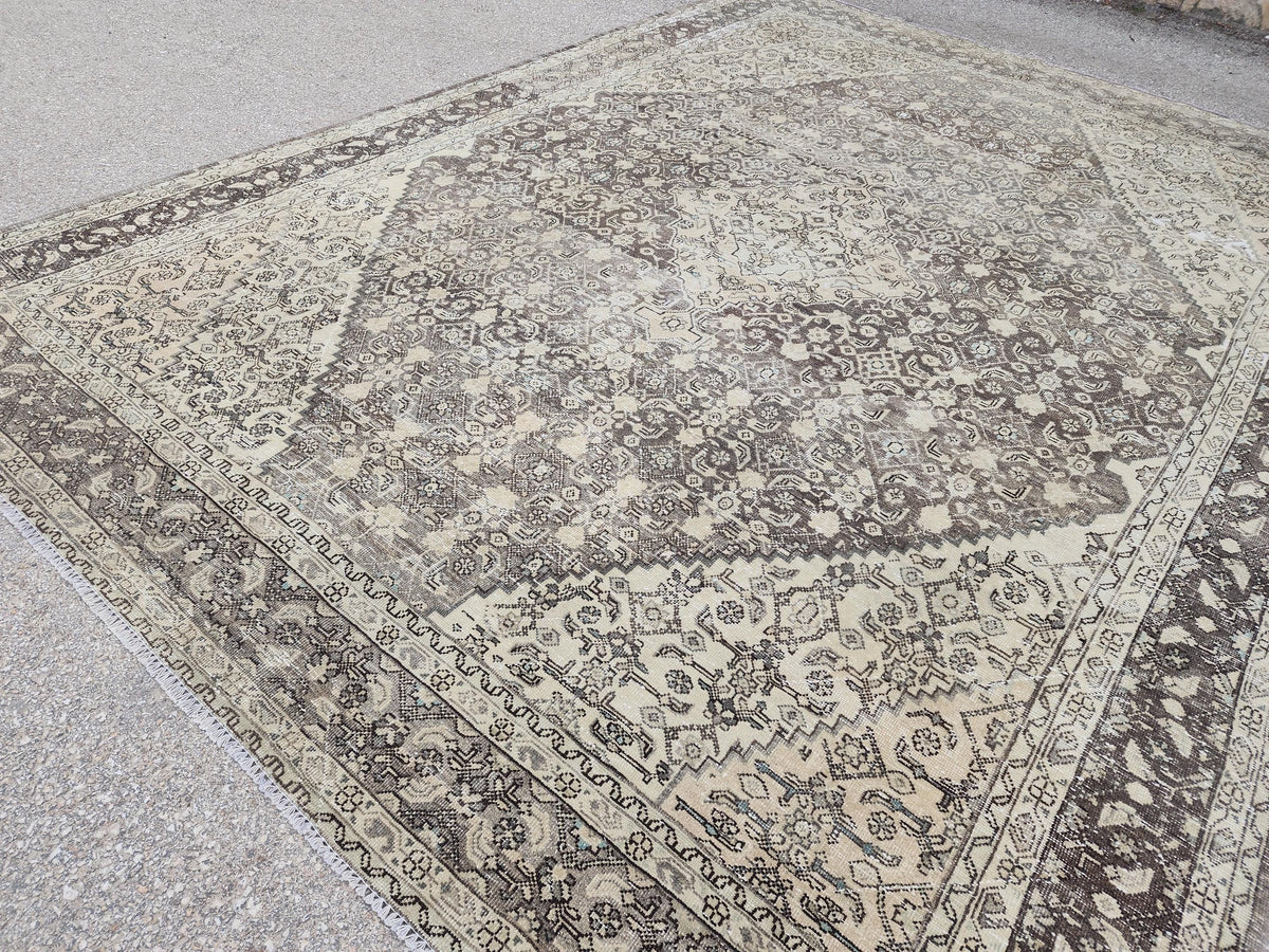 9x12 Traditional Vintage Rug: Geometric Brown Wool Design, Hand Knotted