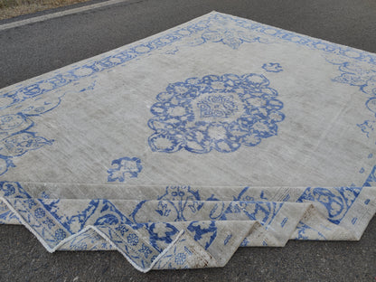 9x13 Blue Medallion Turkish Oushak Rug: Hand-Knotted Wool Vintage Rug