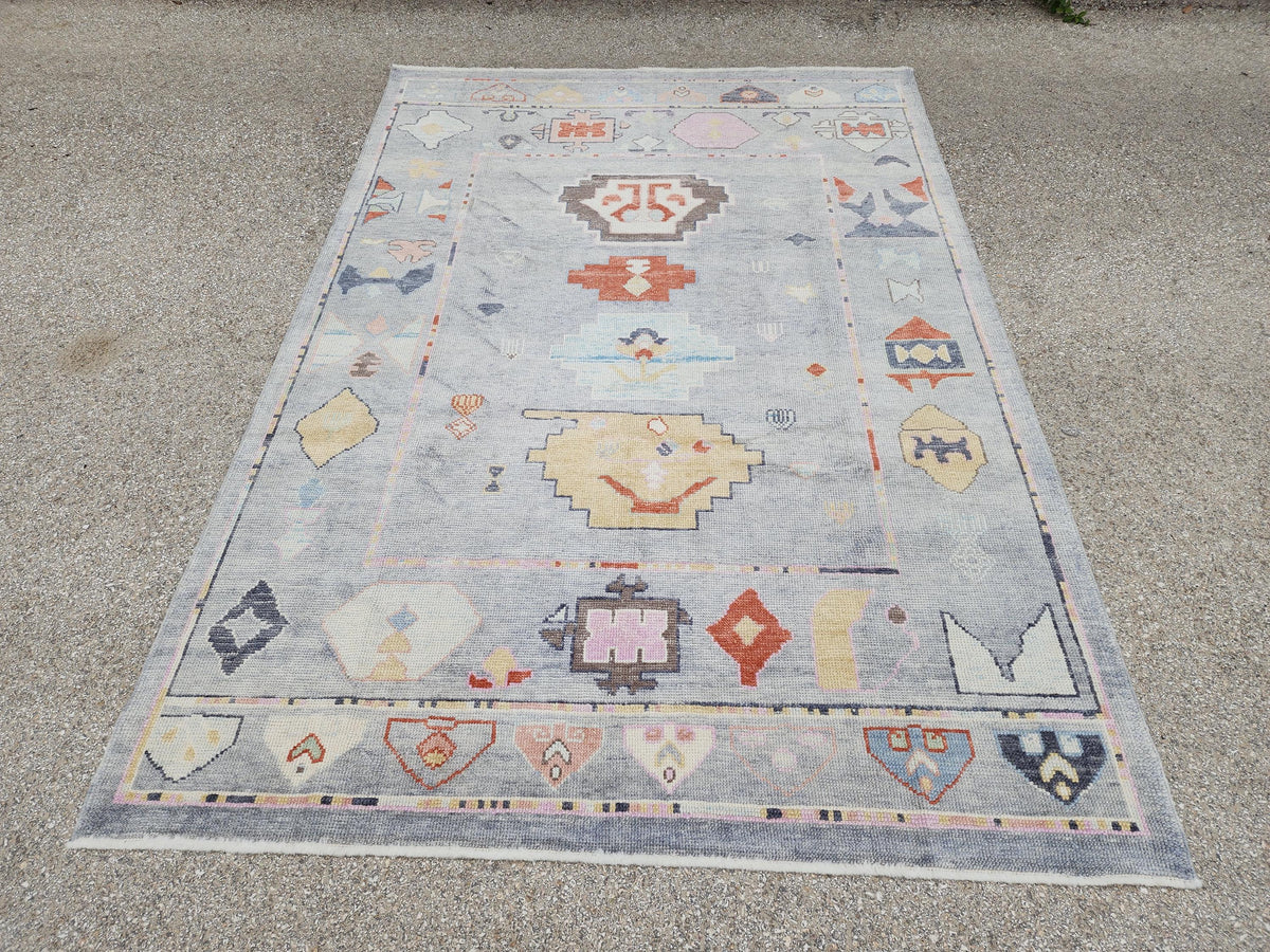6x9 Gray Oushak Rug: Turkish Wool, Ocean Breeze Patina Blue Wool, Kitds Room Decor