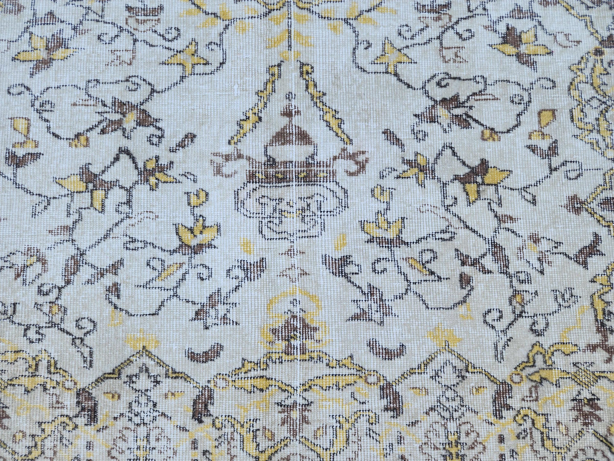 7x9 Handwoven Turkish Oushak Rug: Vintage Wool Rug, Beige and Yellow Neutral Palette