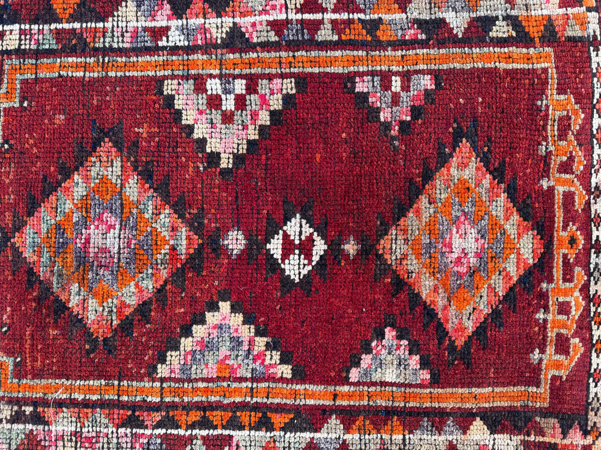 2x11 Runner Rug: Vintage Wool in Maroon and Orange with Geometric Tribal Pattern