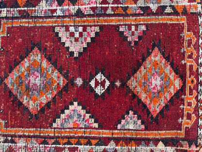 2x11 Runner Rug: Vintage Wool in Maroon and Orange with Geometric Tribal Pattern