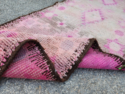 Herki Pink Runner Rug 2.7x10 ft, Turkish Wool Hand Made Carpet, Home Rustic Hallway Decor