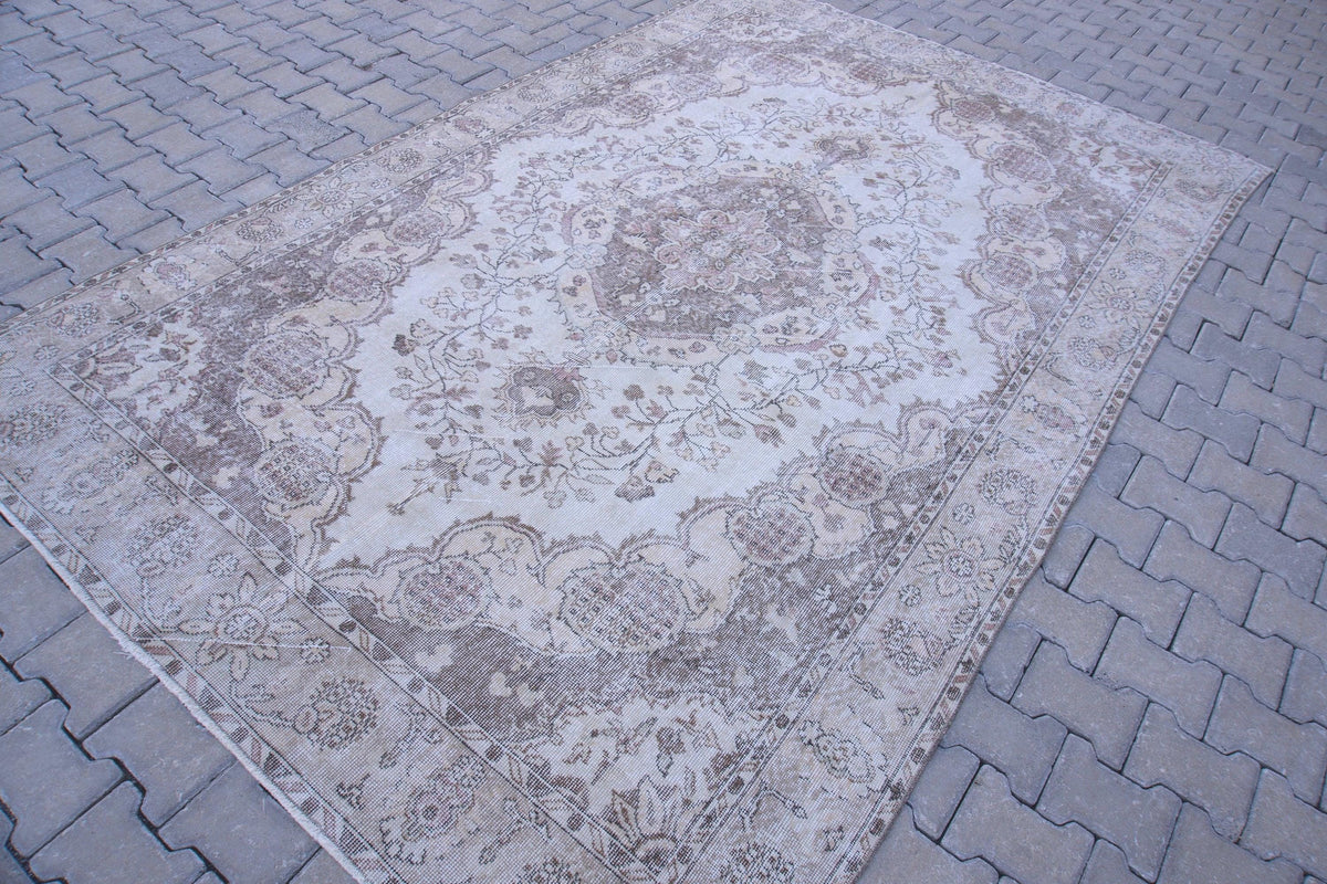 7x10 Neutral Area Rug, Bohemian Home Decor, Oriental Wool Beige and Green Carpet
