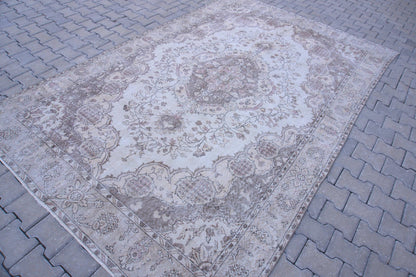 7x10 Neutral Area Rug, Bohemian Home Decor, Oriental Wool Beige and Green Carpet