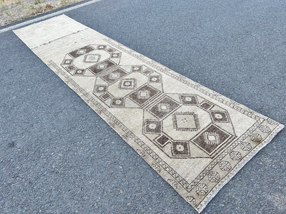 Vintage Turkish Wool Runner Rug: 3x13 Brown Oriental Rug